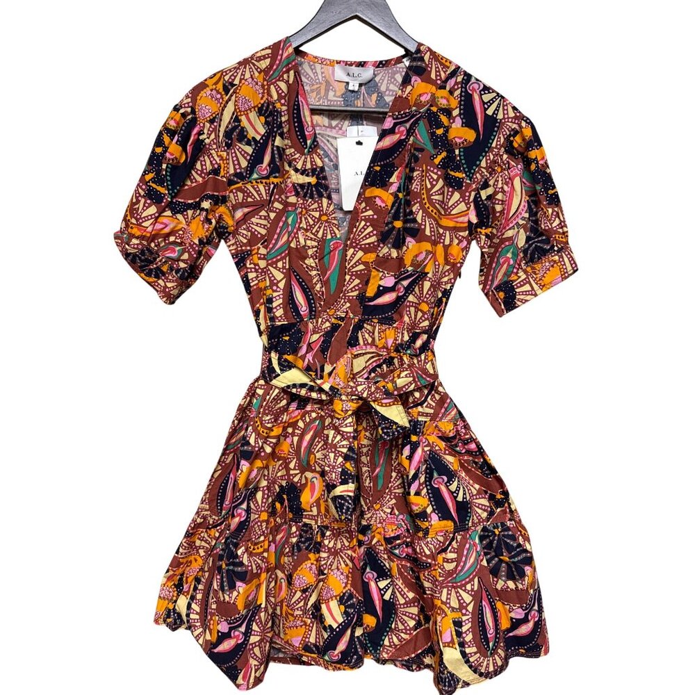 A.L.C. Carey Women's Dress Printed Puff Sleeve Mini V-Neck Fit Flare Size 0 NEW - Picture 3 of 13